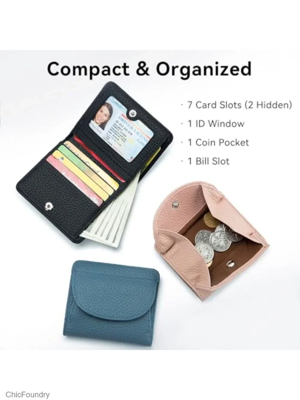 Genuine Leather Bifold Wallet RFID Blocking Slim 7 Card Holder for Women